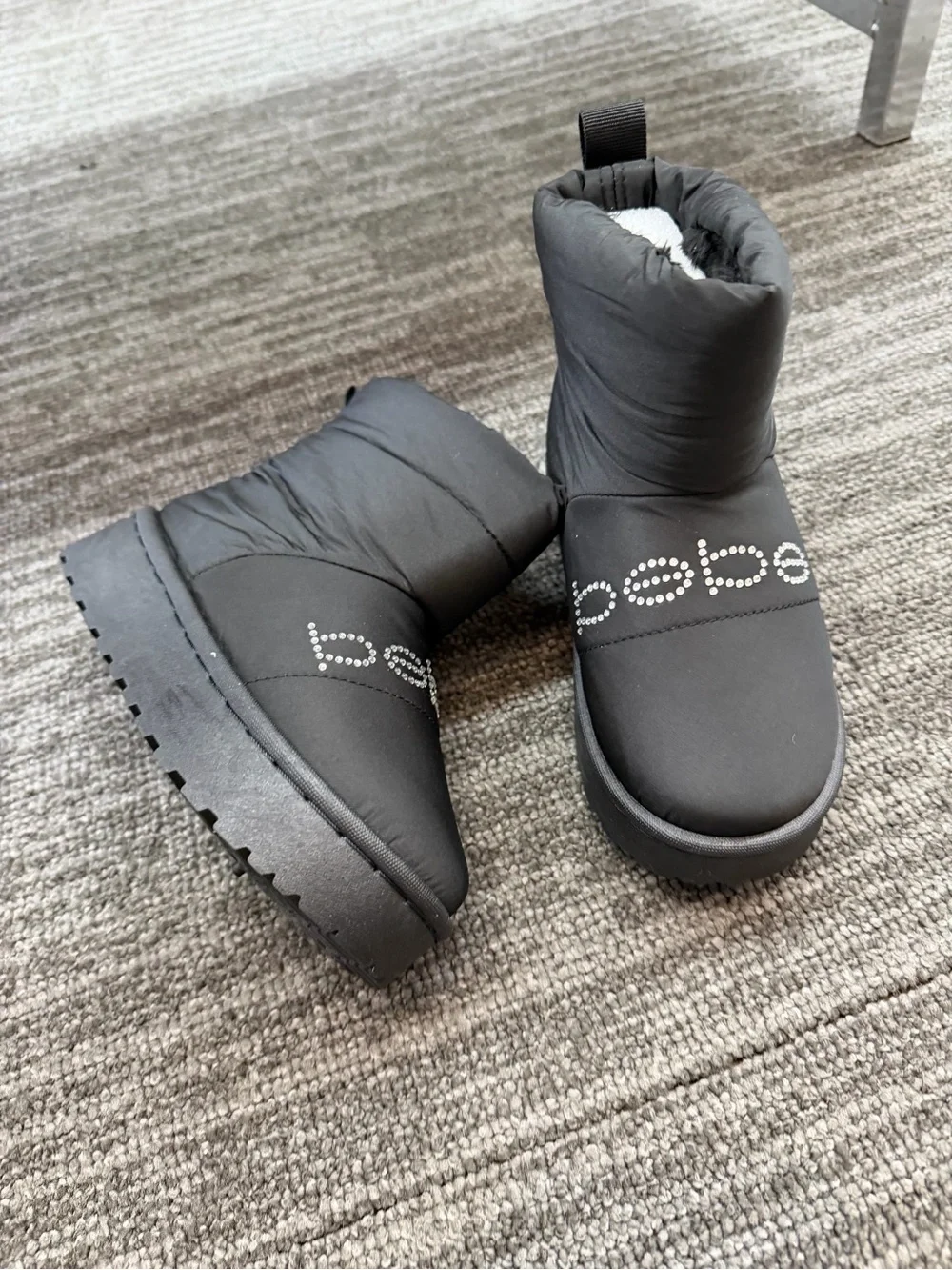bebe Black Quilted Ankle Winter Boots with Rhinestone Logo
